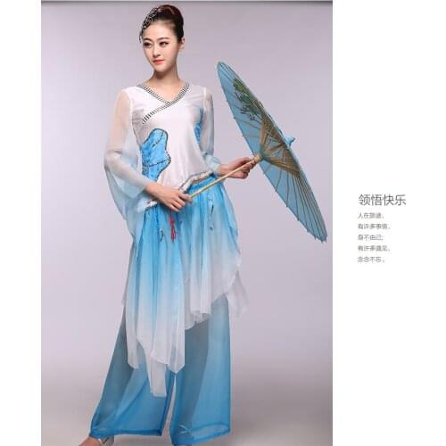 Zai Shui Yi Fang Sky Blue Gradienta Chiffon Dance Costume Classical Folk Dance Modern Dance Fan and Umbrella Dance Costume