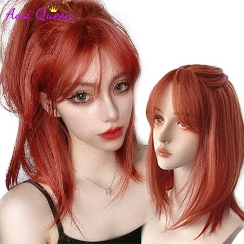 Synthetic Mid-length Red Straight Wig With Bangs, Synthetic Heat Resistant Fiber Hair Short Wigs for Black/White Women