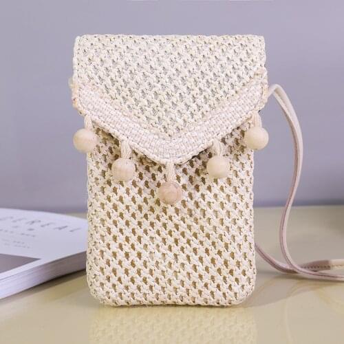 Boho Summer Beach Straw Phone Bag Breathable Vertical Tassel Mini Bag Holiday Knitting Woven Vacation Travel Crossbody Bag Women