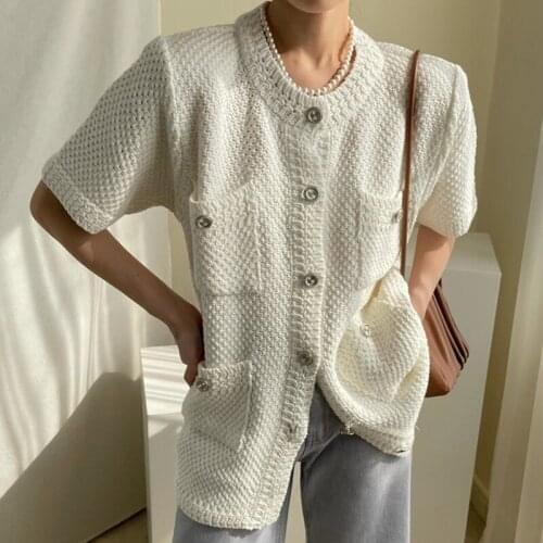 2021 New Single Breasted Casual Knitting Coat Spring Summer Short Sleeve Knitted Cardigans Vintage Korean Fashion Loose Knitwear