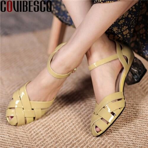 COVIBESCO Round Toe Women Pumps Spring Summer Hollow Weave Genuine Leather Casual Office Fashion High Heels Buckle Shoes Woman