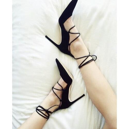 Sexy Lace-up Strappy High Heel Pumps Women Pointed Toe Cross Ankle Wrap Dress Shoes Cut-out Thin Heels Spring Autumen Sandals