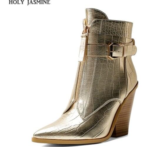 2020 New Gold Snake Print Ankle Boots for Women Wedge High Heels Boots Woman Runway Design Chunky Heels Botas Mujer Western Boot