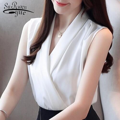 Womens summer blouses 2021 sleeveless chiffon blouse women v-neck office ladies white blouse womens tops and blouses 3534 50