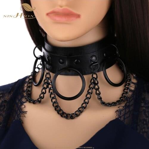 O-Round Chain Leather Choker Collar Women Gothic Jewelry Black Metal Streetwear Punk Fashion Sexy Leather Choker VD2176