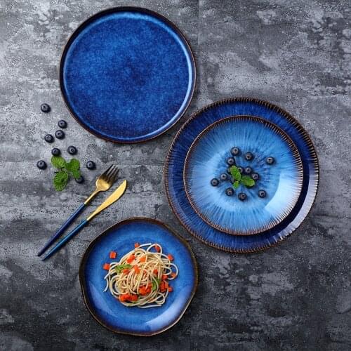 11inch Hot Selling European Style Steak Dish Retro Ceramics Large Flat Plate Dessert Plate Irregular Round Dish