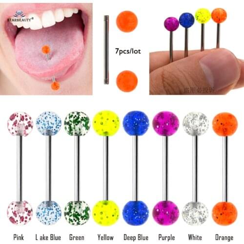 Starbeauty 7pcs Flashing Powder Barbell Tongue Piercing Tongue Rings Acrylic Nipple Ring Helix Piercing langue Pircing Earrings