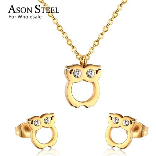 ASONSTEEL Owl Cubic Zirconia Jewelry Sets for Women/Girl Gold/Silver Color Cuban Link Chain Fashion Stud Earrings Collier Bijoux