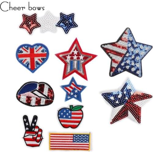 Cheer bow Apparel Sewing Patches National Flags Heart Stars Sew On Embroidery Patch DIY Decoration For Clothing Bags Patch 5pcs