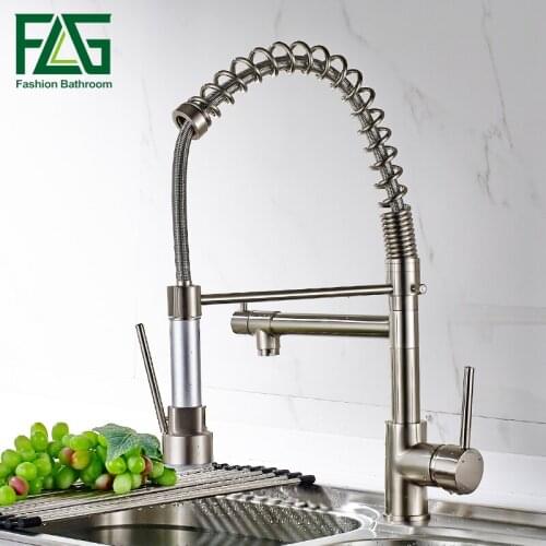 FLG Spring Pull Down Kitchen Faucet Dual Spouts 360 Swivel Handheld Shower Kitchen Mixer Crane Hot Cold 2 Outlet Spring Taps