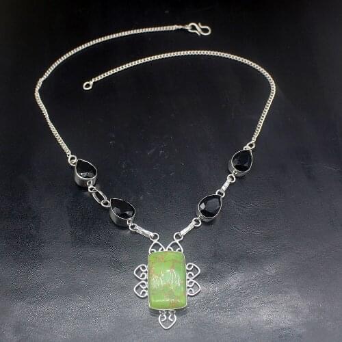 Hermosa Jewelry Natural Green Turquoisee Black Onyx Silver Color Women Ladies Gifts Pendant Necklace Chain 46cm 20213413