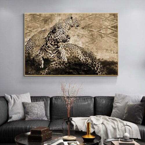 African Two Cheetahs Oil Painting on Canvas Scandinavian Posters and Prints Cuadros Wall Art Pictures For Living Room