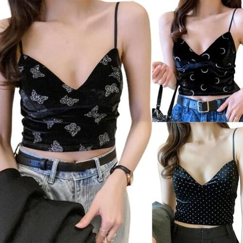 Sexy Satin Crop Tops Camisole Camis Strap T-shirt Wireless Top Women Sexy Vest Printing Backless Deep V Neck Navel Exposed Top