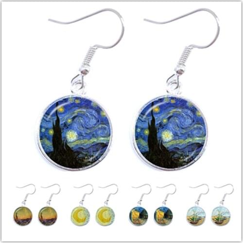 Fashion Silver Color Simple Style Earings Van Gogh Famous Artist Starry Night Drop Earrings Glass Cabochon Jewelry Women Gifts