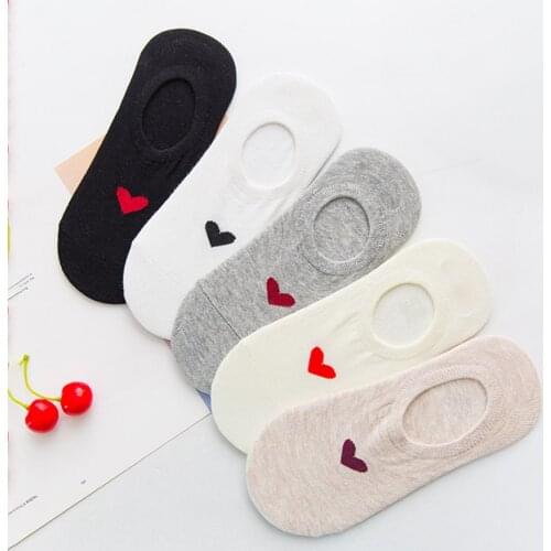5 Pairs/set No Show Socks for Women Cotton 5 Solid Color Black White Beige Grey Cute Love Pattern Casual Invisible Type 5 Pack