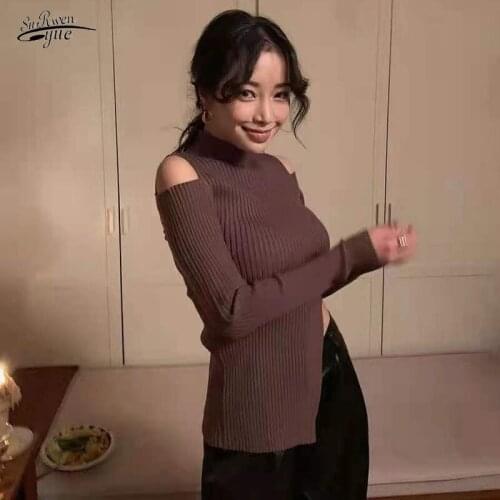 2021 Early Autumn New Semi-high Collar Joker Sweater Pure All-match Sweater Version of Shoulder Leakage Slim Bottoming Sweater