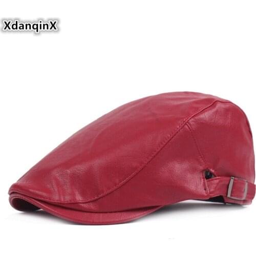 XdanqinX New Autumn Winter PU Leather Berets For Men And Women Adjustable Size Mens Bone Tongue Cap Warm Womens Leather Hat
