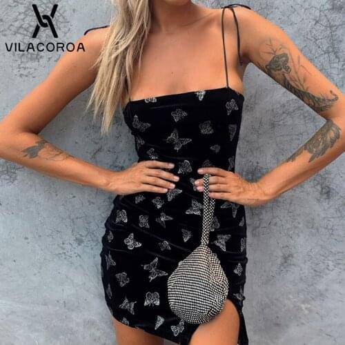 Sexy Butterfly Print Lace Up Strap Dress 2020 Summer Women Sleeveless Side Split Mini Dress Fashion Party Streetwear Female