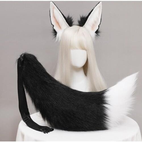 Cosplay Furry Animal Wolf Ears Kawaii Hair Hoop Tail Set Lolita Costume Long Fur Headpiece for Halloween Party Decoration