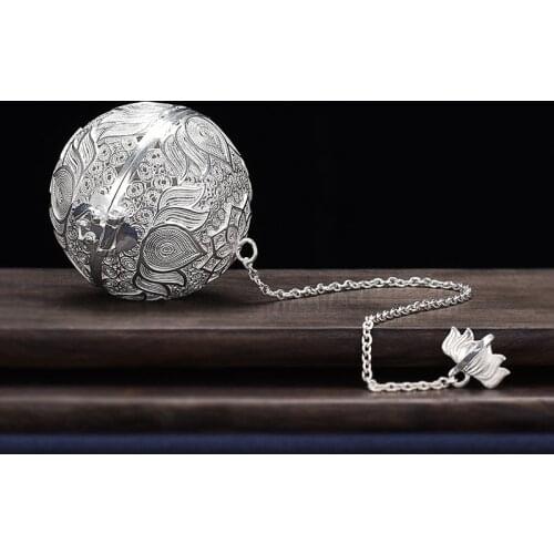 Ag999 Sterling Silver Tea Mesh Infuser Sphere Strainer Tea Filter Locking Spice Flower Kitchen Tools