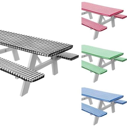 Vinyl Picnic Table and Bench Fitted Tablecloth Cover, Checkered Design, 3-Piece Set