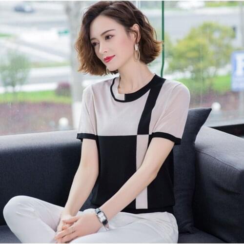 2021 New Arrival Summer Fashion Women T-shirts Short Sleeve Slim White Striped O-neck Female Pull Tops Ice Silk Pullover