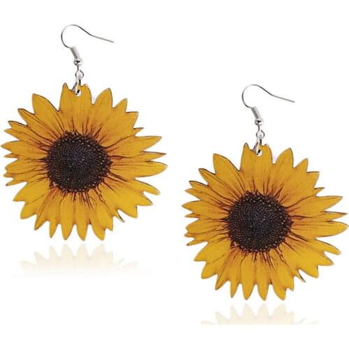 Trim Wood Sunflower Earrings for Women 2021 Fashion 3D Heronsbill Blooming Natural Wooden Earrings Jewelry Wholesale