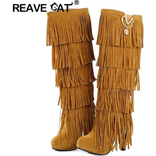 REAVE CAT Plus size 32-43 New Flock Winter Fur Women boots High heels Knee boots Fringe Tassels Fashion Black Brown Red ZL4150