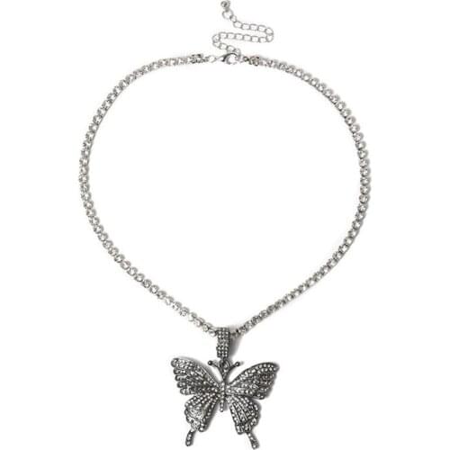 Women Rhinestone Inlaid Butterfly Pendant Chain Necklace Party Punk Hip Hop Jewelry Gift