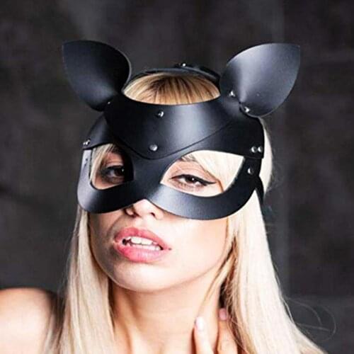 Women Cat Design Faux Leather Half Face Cover Masquerade Halloween Party Props