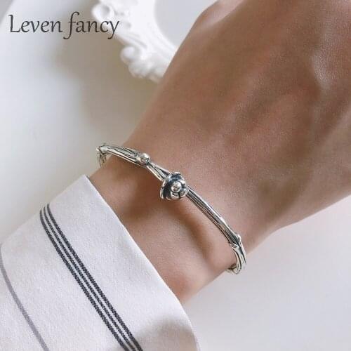 925 Sterling Silver Ladies Bracelet Vintage Style Adjustable Leaf Rose Flower Bangle Friendship Sister Jewelry for Women Girls