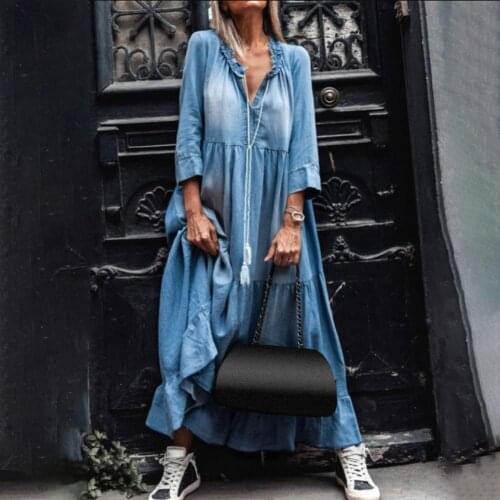 40%HOTVintage Women Lace V Neck 3/4 Sleeve Large Hem Tassel Loose Maxi Denim Dress