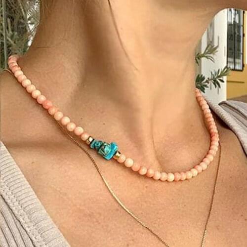 Women Sweet Pink Stone Beaded Necklace 2021 Summer Travel Beach Accessories Blue Stone Embellishment Female Jewelry Gift Aesthet