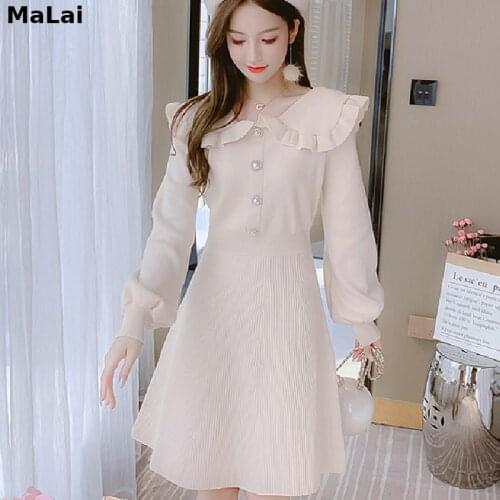 Malai Rice White Red Black Women One-Piece Dress Korean Spring Vintage Cute Knitting Solid High Waist Full Sleeve Dresses