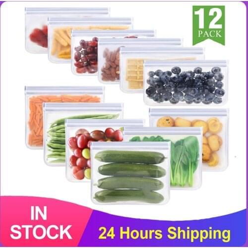 12 Pieces/Set Of Food Silicone Frosted PEVA Reusable Food Storage Bag Zipper Leak-Proof Top Fruit Bag Food Storage Ziplock Bag
