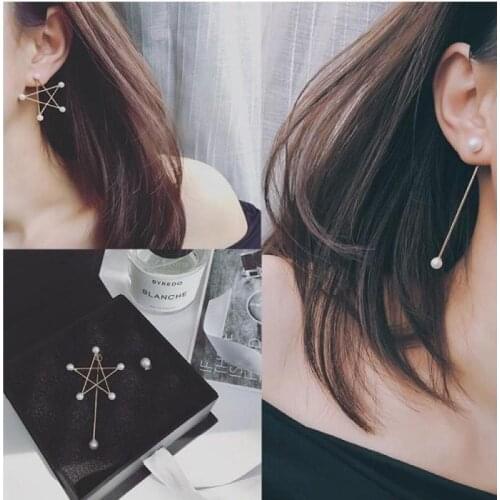 Fashion Wild Inlaid Pearl Five-pointed Star Asymmetrical Earrings Personality Long Pearl Pendant Earrings Dress Accessories