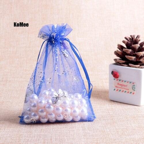 100pcs 9x12cm Royal Blue Butterfly color Drawable Organza Bags Wedding Christmas Gift Bag Jewelry Packaging Bags Pouches