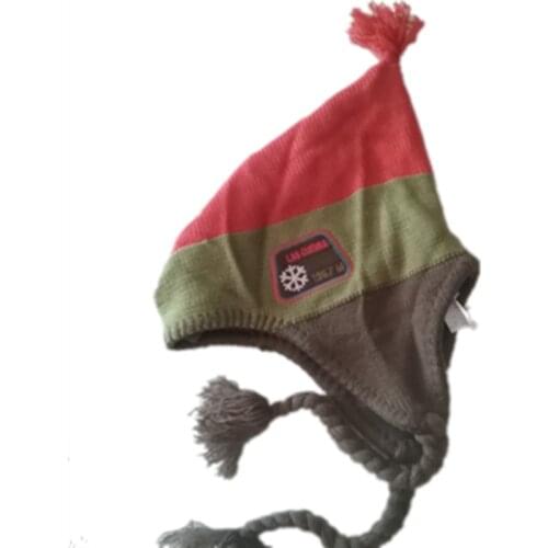 Cartoon thick wool Wind Hats Knitting Stripe color matching Cap Winter Warm Ear protection Fleece Lining Beanies with Pom braid