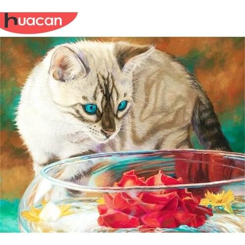HUACAN 5D DIY Picture By Numbers Cat Animal Wall Art HandPainted Unique Gift Painting By Number FlowerFor Living Room