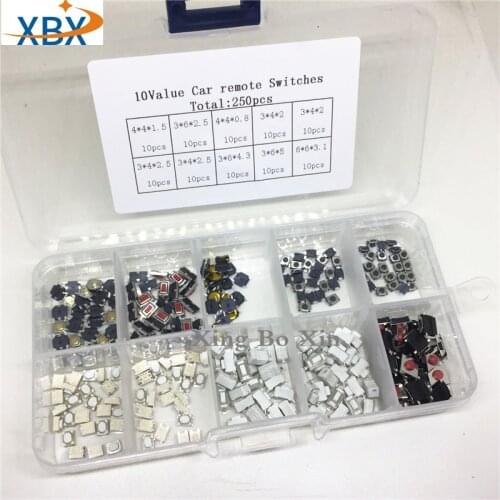250PCS 10Value switch KIT Tactile Push Button Switch Micro Switch For Car Remote Control Patch Switch Components Kit 3*4*2.5 mm
