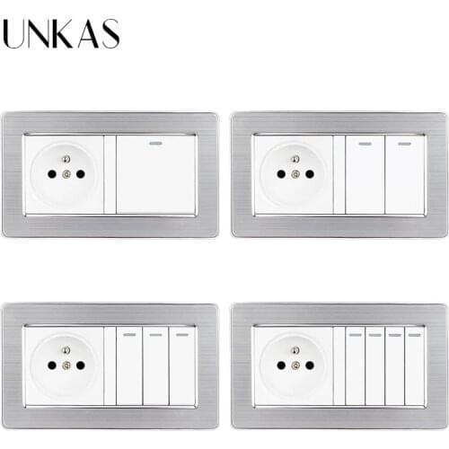 UNKAS French Standard Wall Socket 146MM*86MM + 1 2 3 4 Gang 1 / 2 Way On / Off Light Switch Stainless Steel Panel Outlet