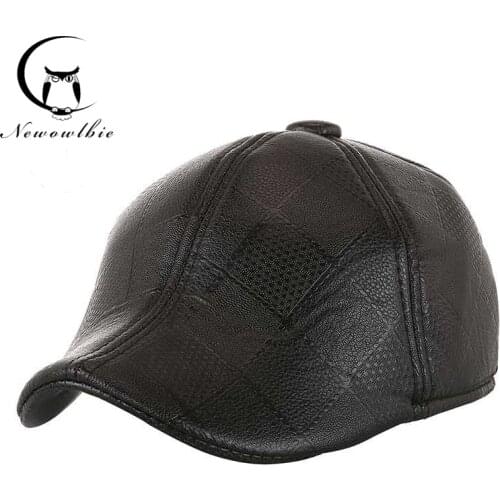New forward hat middle aged and old mens PU hat spring and autumn outdoor warm hat cap Mink hair Peaked cap