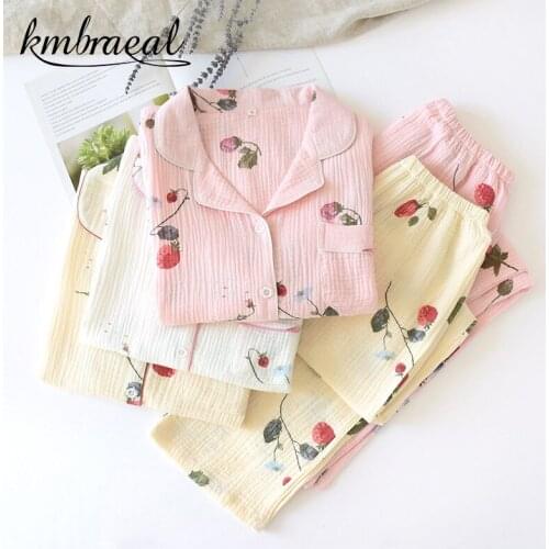 Japanese style ladies spring, autumn and summer cotton crepe cloth long-sleeved trousers pajamas set cartoon home service woman