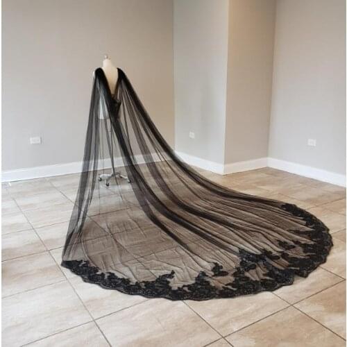 Black Wedding Cape, Black Lace Edge Wedding Cape, Black Sequin Lace wedding cape, cloak, shawl, Royal Cathedral Bridal Veil, Sta