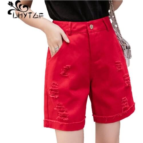 UHYTGF Summer Denim Shorts Womens High-Waist Straight-Leg Pants Casual Female Jeans Fashion Hole Loose 5XL Plus Size Jeans 1547