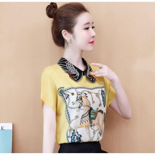 Women Spring Summer Style Chiffon Blouses Shirts Lady Casual Peter Pan Collar Short Sleeve Chiffon Blusas Tops ZZ0522