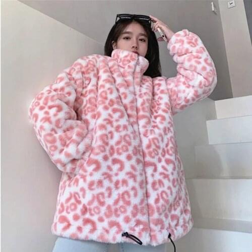Winter Stand-up Collar Zipper Oversized Warm Leopard Print Faux Fur Coat Women Korean Loose Preppy Style Parkas Khaki Pink Coats