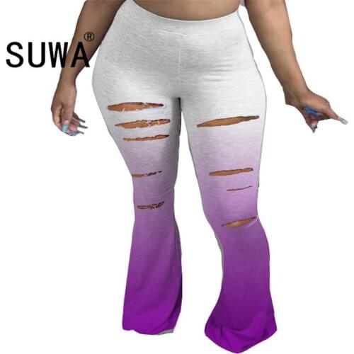 Streetwear Gradient Hole Women Elastic Wide Leg Flare Skinny Pants Leggings High Waist Trousers Draped Jogger Sweatpants