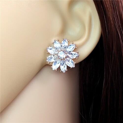 11.11 Shopping Festival Sales White Rhinestone Flower Gold Color Stud Earrings for Female Brincos from India