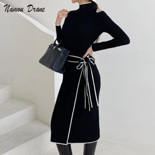 Elegant Knitted Dress Women Fall Winter New Warm Half Turtlenck Off shoulder Long Sleeve Sashes Bow Wrap Hip Sweatrer Robe Femme